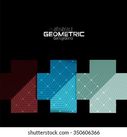 Colorful geometric shapes with texture on black. Modern futuristic abstract design template. Vector illustration
