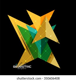 Colorful geometric shapes with texture on black. Modern futuristic abstract design template. Vector illustration