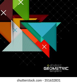 Colorful geometric shapes with texture on black. Modern futuristic abstract design template. Vector illustration