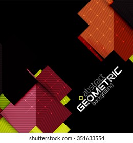 Colorful geometric shapes with texture on black. Modern futuristic abstract design template. Vector illustration