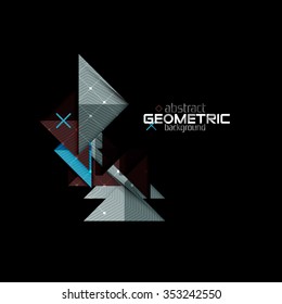 Colorful geometric shapes with texture on black. Modern futuristic abstract design template. Vector illustration