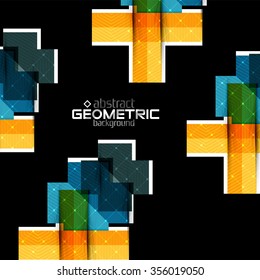 Colorful geometric shapes with texture on black. Modern futuristic abstract design template. Vector illustration