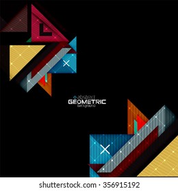 Colorful geometric shapes with texture on black. Modern futuristic abstract design template. Vector illustration