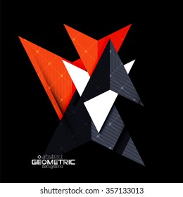 Colorful geometric shapes with texture on black. Modern futuristic abstract design template. Vector illustration