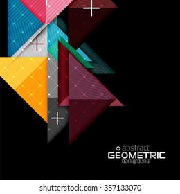 Colorful geometric shapes with texture on black. Modern futuristic abstract design template. Vector illustration