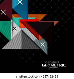 Colorful geometric shapes with texture on black. Modern futuristic abstract design template. Vector illustration
