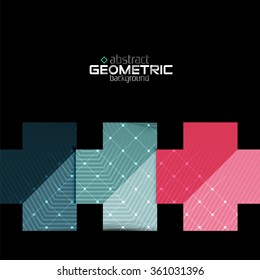 Colorful geometric shapes with texture on black. Modern futuristic abstract design template
