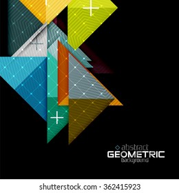 Colorful geometric shapes with texture on black. Modern futuristic abstract design template