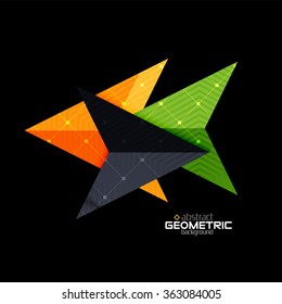 Colorful geometric shapes with texture on black. Modern futuristic abstract design template