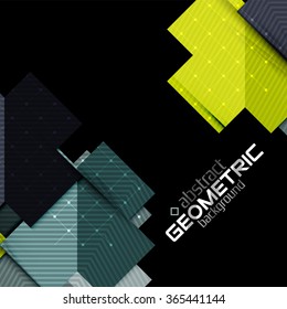 Colorful geometric shapes with texture on black. Modern futuristic abstract design template