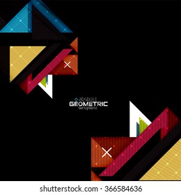 Colorful geometric shapes with texture on black. Modern futuristic abstract design template
