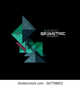 Colorful geometric shapes with texture on black. Modern futuristic abstract design template