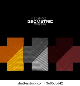 Colorful geometric shapes with texture on black. Modern futuristic abstract design template