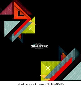 Colorful geometric shapes with texture on black. Modern futuristic abstract design template