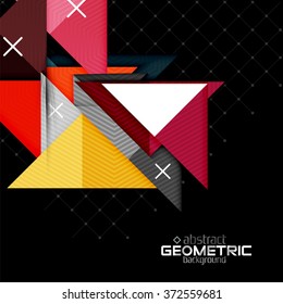 Colorful geometric shapes with texture on black. Modern futuristic abstract design template