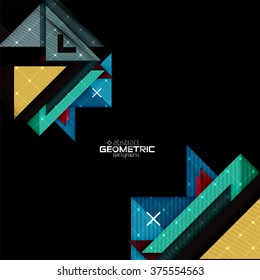 Colorful geometric shapes with texture on black. Modern futuristic abstract design template