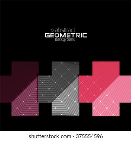 Colorful geometric shapes with texture on black. Modern futuristic abstract design template