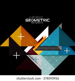 Colorful geometric shapes with texture on black. Modern futuristic abstract design template