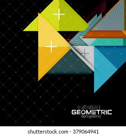 Colorful geometric shapes with texture on black. Modern futuristic abstract design template