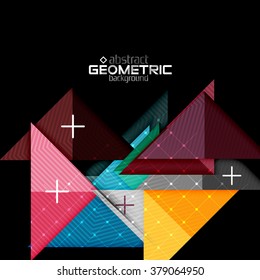 Colorful geometric shapes with texture on black. Modern futuristic abstract design template