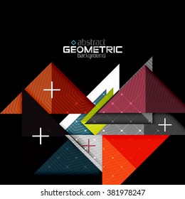Colorful geometric shapes with texture on black. Modern futuristic abstract design template
