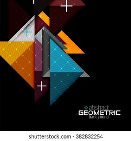Colorful geometric shapes with texture on black. Modern futuristic abstract design template