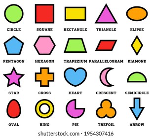Colorful geometric shapes with their name clip art collection isolated on white background for preschool kids