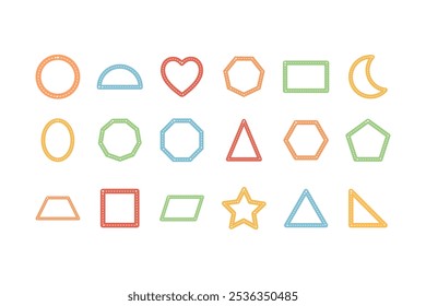 Colorful geometric shapes tracing line template collection. Education, preschool, learning, exercise worksheet concepts. Flat vector design isolated illustration.