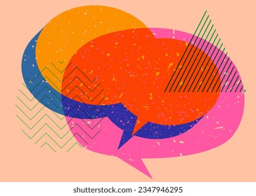 Colorful geometric shapes with two speech bubble. Object in trendy riso graph design. Geometry elements abstract risograph print texture style.