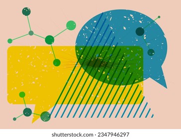 Formas geométricas coloridas con dos burbujas de voz. Objeto en diseño gráfico de riso de moda. Elementos geométricos estilo de textura de impresión de risografías abstractas.