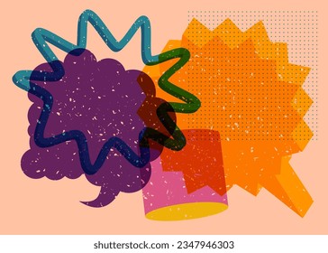 Colorful geometric shapes with two speech bubble. Object in trendy riso graph design. Geometry elements abstract risograph print texture style.