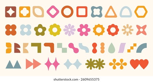 Colorful geometric shapes in various forms: circles, squares, triangles. Bright geometric patterns, vibrant geometric designs, diverse geometric styles. Pastel elements, vector set.