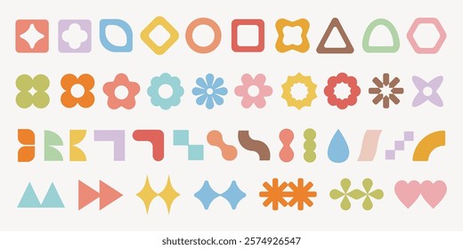 Colorful geometric shapes in various patterns. Shapes include circles, triangles, and squares. Bright colors make these geometric shapes vibrant and playful. Pastel elements, vector set.