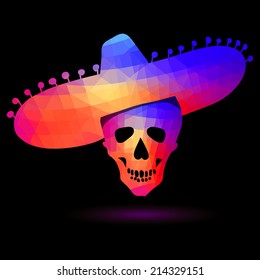 Colorful geometric skull in sombrero Day of The Dead illustration