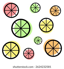 Colorful geometric slices of fruit against a white background create a vibrant and playful pattern