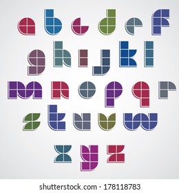 Colorful geometric spherical sectored font with pastel tones.