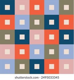 Colorful geometric square pattern in shades of blue, red, pink, and green. Ideal for contemporary design projects, textiles, and home decor with a modern, vibrant touch.