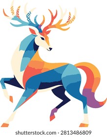 Colorful Geometric Stag in Graceful Striding Pose with Watercolor Texture