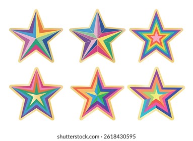Colorful geometric star collection with vibrant patterns and golden outlines