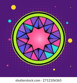 A colorful geometric star pattern in a retro pop art comic style with a halftone effect on a vibrant purple background,