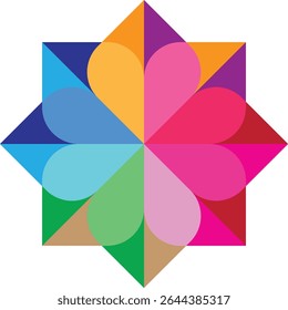 Colorful geometric starburst design with vibrant hues and sharp lines.