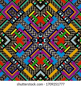 Trazado de vectores con bandas geométricas y coloridas. Fondo de oro abstracto de cuadrícula texturada. Fondo de encaje de repetición brillante. Ornamentos tribales modernos ornamentados simétricos. Formas geométricas, líneas, rayas.