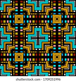 Colorful geometric striped vector seamless pattern. Textured grid abstract plaid background. Bright repeat backdrop. Modern symmetrical tribal tartan ornaments. Geometrical shapes, squares, stripes.