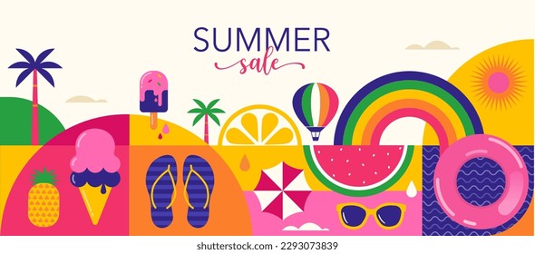 Colorful Geometric Summer Background, poster, banner. Summer time fun concept design promotion design. Summer sale template.