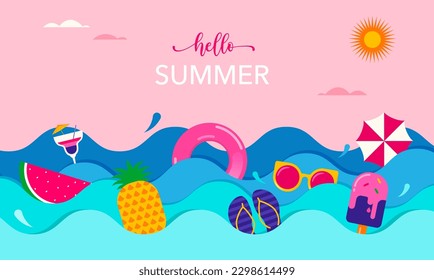 Colorful Geometric Summer Background, poster, banner. Summer fun concept design promotion design with beach and sea waves.