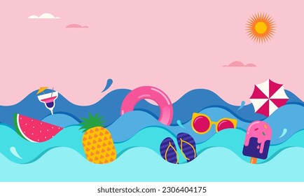 Colorful Geometric Summer Background, poster, banner. Summer fun concept design promotion design with beach and sea waves