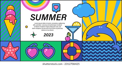 Colorful Geometric summer background, poster, banner, card. Place for text. Summer promotion concept. Cute, tero, colorful style. Beach, restaurant, hotel concept.