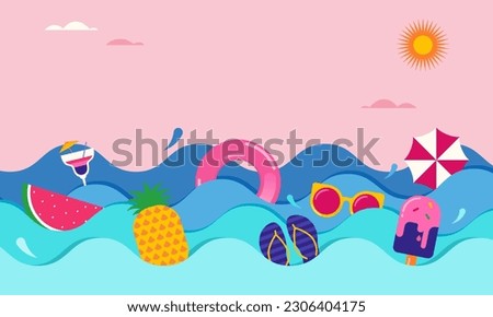Colorful Geometric Summer Background, poster, banner. Summer fun concept design promotion design with beach and sea waves