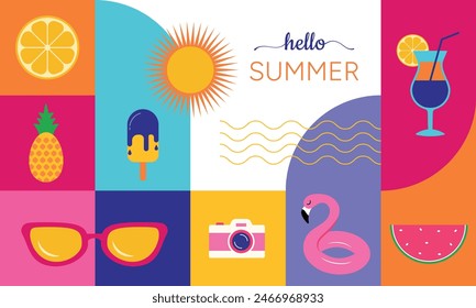 Colorful Geometric Summer Background. Summer Vector Design for banner, cards and prints. Hello summer! Vector illustration.