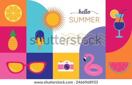 Colorful Geometric Summer Background. Summer Vector Design for banner, cards and prints. Hello summer! Vector illustration.